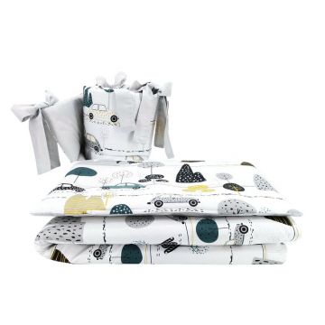 Lenjerie patut cu 3 piese, MimiNu, Pentru patut 120x60 cm, Cu protectie laterala, Din bumbac certificat Oeko Tex Standard 100, Childrens Journey Grey