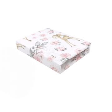 Cearceaf cu elastic, MimiNu, Pentru patut co-sleeper, Luna, Dimensiune 84.5 x 50.5 cm, Din bumbac certificat Oeko Tex Standard 100, Sweet Deer Pink