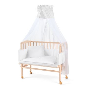 Set Patut, Waldin, Bedside 2in1 Natur, 90 cm x 55 cm, laterala detasabila, co-sleeping, cu Saltea + Aparatoare alba + Baldachin