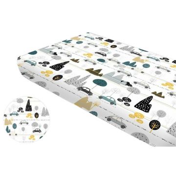 Cearceaf cu elastic, MimiNu, Pentru pat 160x80 cm, Din bumbac certificat Oeko Tex Standard 100, Childrens Journey Grey