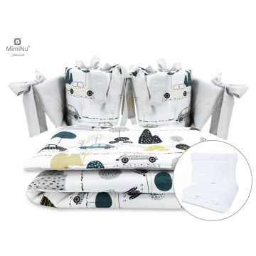 Lenjerie patut cu 6 piese, MimiNu, Pentru patut 120x60 cm, Cu pilota si perna, Cu doua aparatori laterale, Din bumbac certificat Oeko Tex Standard 100, Childrens Journey Grey