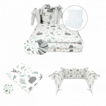 Set lenjerie, MimiNu, Cu 5 piese, Cu pilota si perna + Aparatoare pentru patut + cearceaf patut 120x60 cm, Din bumbac certificat Oeko Tex Standard 100, Forest friends Mint