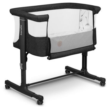 Patut co-sleeper, Lionelo, Aurora, 3 in 1, Cu leganare si setare unghiulara, Include saltea cu densitate T25 si geanta transport, Reglabil in 5 pozitii pe inaltime, Pana la 9 kg, 0 luni+, Conform cu EN 1130:2019+AC:2020, EN 16890:2, Gri inchis