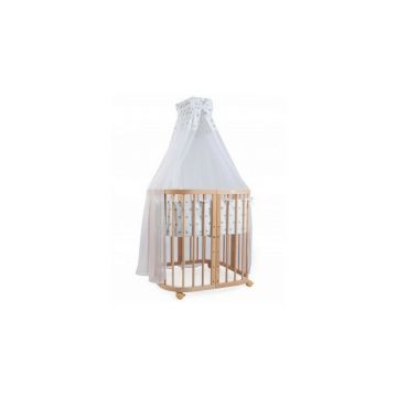 Set Patut Rotund Evolutiv pentru Copii, Multifunctional, 7in1, cu Saltele, Baldachin, Lenjerie si Aparatori Laterale, Transformabil, Masa de Schimbat, Co-Sleeping, Tarc de Joaca, Birou, Scaune, Waldin, Natural, Echipament 8S1