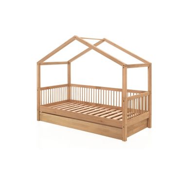 Pat pentru copii în culoare naturală de tip casă/cu extensie suplimentară din lemn de stejar 90x200 cm Forrest – Vipack