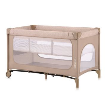 Patut pliant, Lionelo, Jasmin Easy Fold, Pana la 15 kg, Usor de pliat, Cu doua nivele, Cu saltea ergonomica T25, Cu intrare laterala cu fermoar, 2 roti cu frana, 123 x 67 cm, Conform cu EN 716, 0-36 luni, Bej