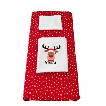 Set lenjerie Deseda pentru pat copii 3 piese pentru Sarbatori renul Rudolf 120x60 cm