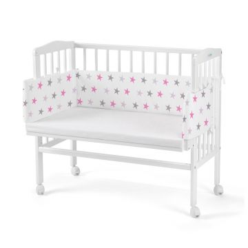 Set Patut, Waldin, Bedside 2in1 Alb, 90 cm x 55 cm, laterala detasabila, co-sleeping, cu Saltea + Aparatoare alba cu stelute mov