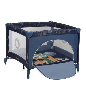 Tarc de joaca copii, Lionelo, Bonnie, Pana la 15 kg, 100 x 100 cm, Pliere compacta, Include geanta de transport, Din plasa, Cu intrare laterala cu fermoar, Cu roti, Cu salteluta din spuma, Conform cu EN12227, Albastru