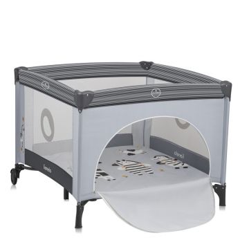 Tarc de joaca copii, Lionelo, Bonnie, Pana la 15 kg, 100 x 100 cm, Pliere compacta, Include geanta de transport, Din plasa, Cu intrare laterala cu fermoar, Cu roti, Cu salteluta din spuma, Conform cu EN12227, Gri deschis