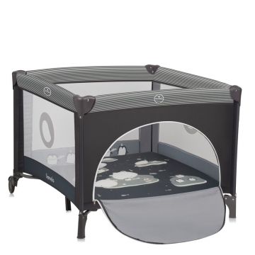 Tarc de joaca copii, Lionelo, Bonnie, Pana la 15 kg, 100 x 100 cm, Pliere compacta, Include geanta de transport, Din plasa, Cu intrare laterala cu fermoar, Cu roti, Cu salteluta din spuma, Conform cu EN12227, Gri inchis