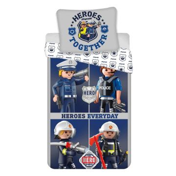 Lenjerie de pat pentru copii albastră-gri din bumbac pentru pat de o persoană 140x200 cm Playmobil – Jerry Fabrics Lenjerie de pat pentru copii albastră-gri din bumbac pentru pat de o persoană 140x200 cm Playmobil – Jerry Fabrics