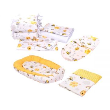 Set complet 10 piese lenjerie aparatori babynest paturica model albinute patut 120x60 cm