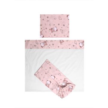 Set lenjerie pat, 3 piese, bumbac ranforce, Lorelli Tiny Dream, 60 x 120 cm, Pink Ballerina Bear