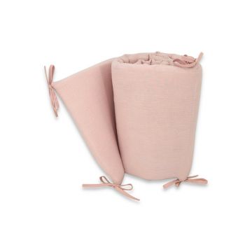 Aparatoare pentru patut, Qmini, Din muselina dubla, 180x30 cm, Cu panglici, Material certificat Oeko Tex Standard 100, Powder Pink Aparatoare pentru patut, Qmini, Din muselina dubla, 180x30 cm, Cu panglici, Material certificat Oeko Tex Standard 100, Powder Pink