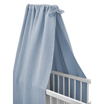 Baldachin cu suport metalic, Qmini, Pentru patut, leagan, Din muselina dubla 145x200 cm, Material certificat Oeko Tex Standard 100, Jeans Baldachin cu suport metalic, Qmini, Pentru patut, leagan, Din muselina dubla 145x200 cm, Material certificat Oeko Tex Standard 100, Jeans