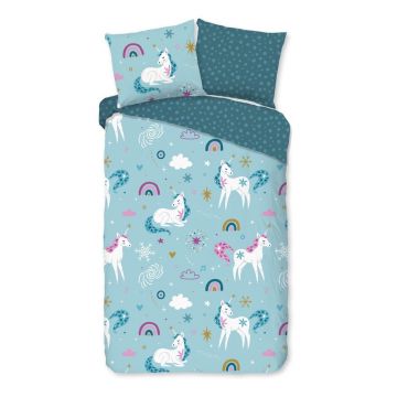 Lenjerie de pat pentru copii albastră din flanelă pentru pat de o persoană, extinsă 140x220 cm Snowycorn – Good Morning Lenjerie de pat pentru copii albastră din flanelă pentru pat de o persoană, extinsă 140x220 cm Snowycorn – Good Morning