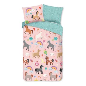 Lenjerie de pat pentru copii roz-turcoaz din bumbac pentru pat de o persoană, extinsă 140x220 cm Horses – Good Morning Lenjerie de pat pentru copii roz-turcoaz din bumbac pentru pat de o persoană, extinsă 140x220 cm Horses – Good Morning