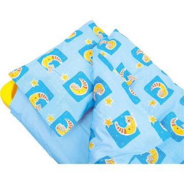Lenjerie din 5 piese pentru pat de gradinita stivuibil, Bear Albastru Lenjerie din 5 piese pentru pat de gradinita stivuibil, Bear Albastru