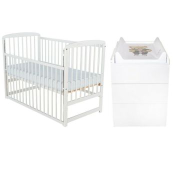 Set mobilier pentru copii, BabyNeeds: Patut din lemn de pin, cu laterala culisanta si somiera reglabila in 3 trepte, Ola, 120x60 cm + Saltea cocos-burete-cocos, 10 cm + Comoda cu masuta de infasat, Alb Set mobilier pentru copii, BabyNeeds: Patut din lemn de pin, cu laterala culisanta si somiera reglabila in 3 trepte, Ola, 120x60 cm + Saltea cocos-burete-cocos, 10 cm + Comoda cu masuta de infasat, Alb