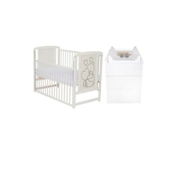 Set mobilier pentru copii, Qmini: Patut din lemn de pin cu roti, cu laterala culisanta si somiera reglabila in 3 trepte, Timmi Heart, 120x60 cm + Saltea cocos-burete-cocos, 8 cm + Comoda cu masuta de infasat, Alb Set mobilier pentru copii, Qmini: Patut din lemn de pin cu roti, cu laterala culisanta si somiera reglabila in 3 trepte, Timmi Heart, 120x60 cm + Saltea cocos-burete-cocos, 8 cm + Comoda cu masuta de infasat, Alb